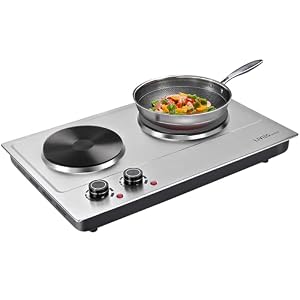 LIVINGbasics 1800W Double Hot Plate, Portable Electric Cooktop with Cast Iron Burners,Stainless Steel Countertop Burner, Dual 900W Heating, Compatible with All Cookware, Adjustable Temperature Control