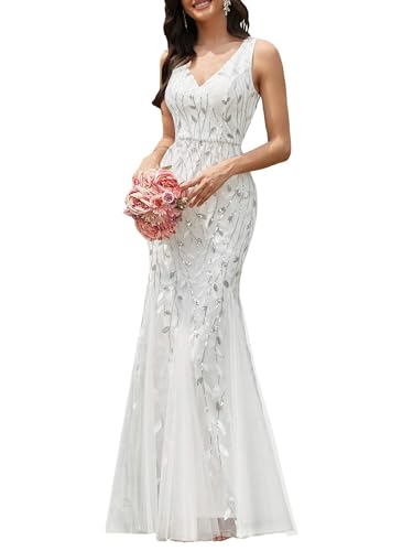 Ever-Pretty Women's Sequin Formal Dress Double V-Neck Sleeveless Mermaid Long Evening Prom Dresses White US12