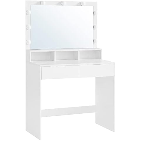 VASAGLE Schminktisch, mit LED-Beleuchtung, einstellbare Helligkeit, Frisiertisch mit Spiegel, Kosmetiktisch mit 2 Schubladen und 3 offenen Fächern, Frisierkommode, modern, weiß RDT120T10 Cover