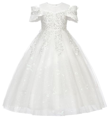 Uhnice Girls Sequin Tulle Dress Flower Girl Pageant Gown for Wedding Party Birthday (White 4-5/110)