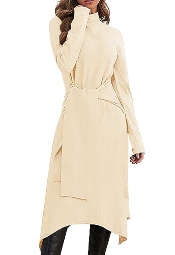 JayscreateEU Damen Strickkleid Winter Herbst Midikleid Pullover Mit Rollkragen Langarm Gürtel Warmer A-Linie, Aprikose, XL
