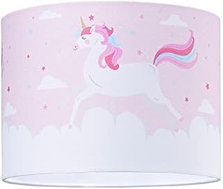 Beautiful Soft Pink and White Cotton Fabric Lampshade with Dancing Colourful Unicorns and Clouds Decoration | 25cm Diameter | Features Inner White Cotton Fabric Lining by Happy Homewares