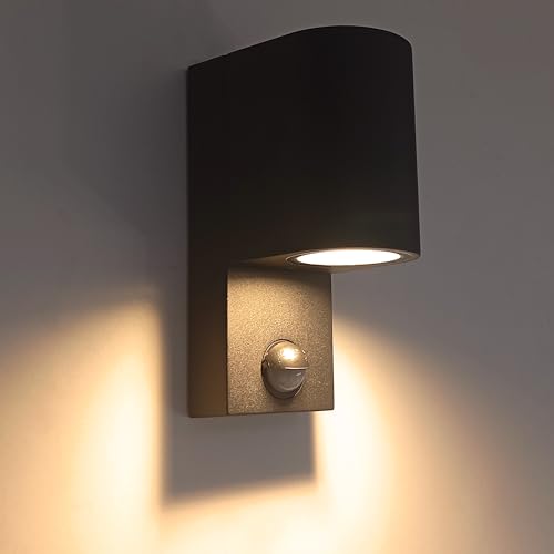 FactorLED Aplique Exterior con Sensor de Movimiento, 6W, 600Lm, Negro, IP65 Impermeable, Lampara de Pared, Detector de Presencia PIR, Bombilla GU10 (Luz cálida 2700K)