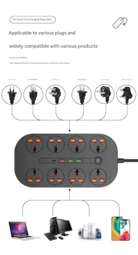 Image of 12 in 1 Universal Extension Board with 8 Sockets 3 USB Ports, 1 PD Type-C Fast Charging | 3000W Heavy Duty Power Strip with Switch | 6 Ft Extension Cord for Home Office TV Computer Mobile