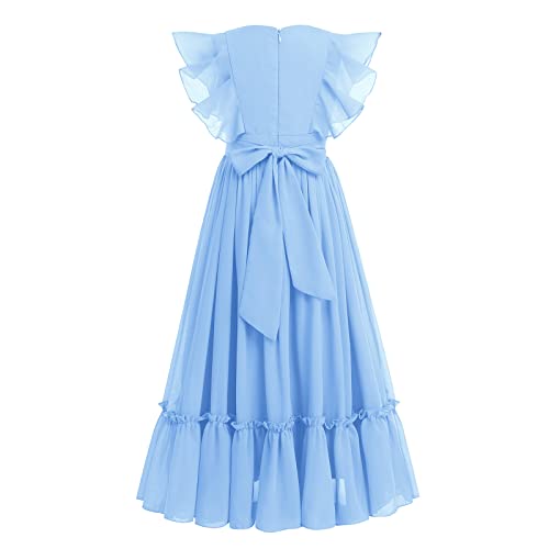 Iwemek Girl Chiffon A-Line Dresses Flutter Sleeves Floor Length Dress Junior Bridesmaid Party Pageant Dance Maxi Gown Birthday Wedding Party Communion Ball Gowns Light Blue 9-10 Years #TOP2