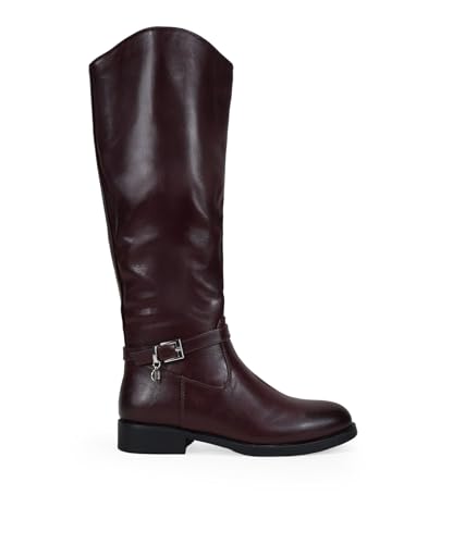 BOSANOVA Botas Altas Planas para Mujer Estilo Bota de Montar con Detalle de Tira con Hebilla metálica y Suela Plana Redonda. Cierre con Cremallera. Calzado para Mujer Burdeos 38