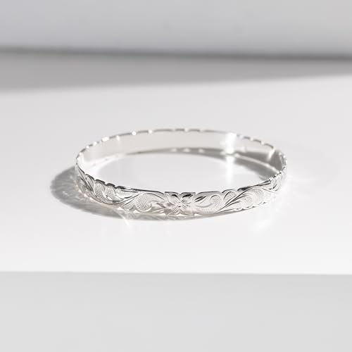 925 Sterling Silver Hawaiian Heirloom Scroll Plumeria Flower Cut Out Wave Edge Bangle Bracelet, Nickel Free Hypoallergenic for Sensitive Skin, Gift Box Included - Jewelry Gifts for Women Wife Mom Daughter2