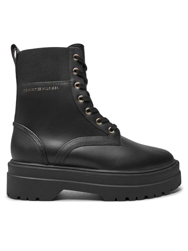 Tommy Hilfiger Bottes à lacets pour femme en cuir noir élégant