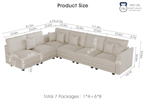 Image of LLappuil Corduroy Modular Sofa Set, 6-Seater Reversible L-Shaped Sectional Couch with Storage, Soft Fabric for Cozy Living Room, Apartment, Included Back Cushions & Throw Pillows, Beige