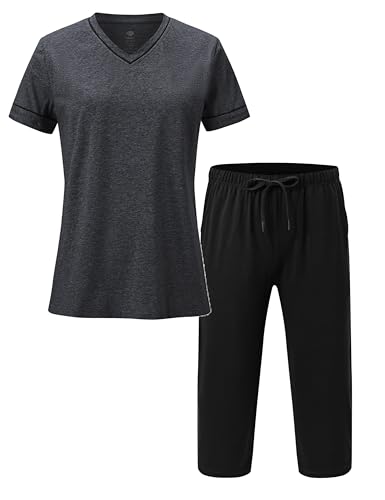 MoFiz Pyjama Femme Coton Ensemble de Pyjama Corsaire Femme Été Doux Vêtements de Nuit Pyjama avec Poche GrisNoir XXL
