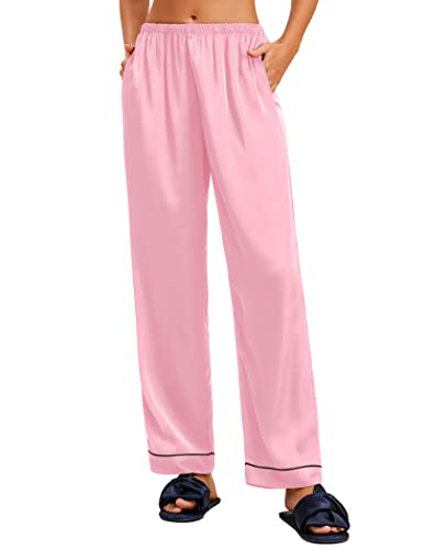 Ekouaer Satin Lounge Bottoms Womens Christmas Pajama Pants Silk Long Length Sleeping Wear(Pink,L) #TOP13