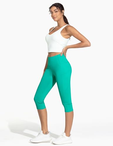 Image of THE GYM PEOPLE Thick High Waist Capris Yoga Pants with Pockets, Tummy Control Workout Running Yoga Leggings for Women