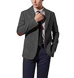 Mens Blazer Vintage Herringbone Tweed Jackets Two Button Sport Coat with Pocket Square with Elbow Patches Dark Grey