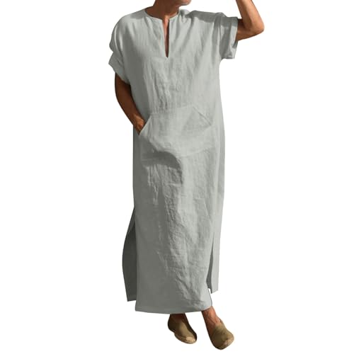 Throbe Islam for Men Muslim Eid Kaftan Short Sleeve V Neck Cotton Robe Plus Size Arabic Middle Eastern Dubai Thobe3