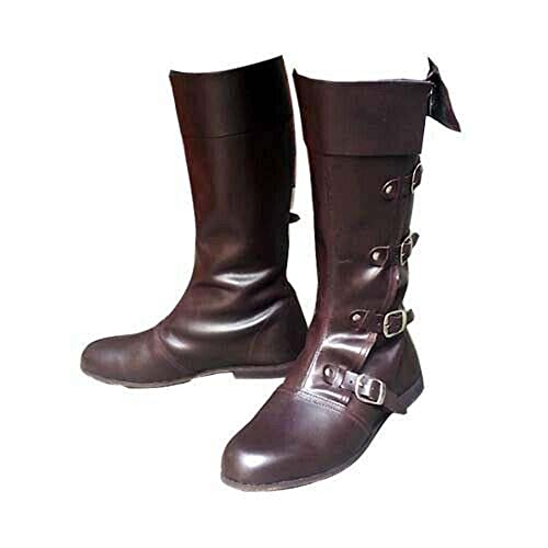 Image of AnNafi 5 Buckle Medieval Leather Boots | Renaissance Inspired Loafer Boot | Halloween Caribbean Pirate Costume Boots | Cowboy Boots (Large, Black