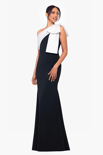 Image of Betsy & Adam Women's Floor Length One Shoulder Fit and Flare Evening Gown with Oversized Satin Bow Detail, Blac /White, 6