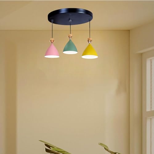 Image of 3 Light Cluster Hanging Bell Shade Light (Pink, Yellow, Green) Aluminium Hanging Pendant Light Drop, Antique Modern Ceiling Lamp (Bulb is not Included) 3 Light Cluster Set