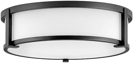 Hinkley Lowell 3243BK Medium Flush Mount Ceiling Light, Twist Lock System Keeps Fixture Flush with Ceiling, Damp-Rated for Bathrooms, Laundry Rooms, Black and Etched Opal Glass