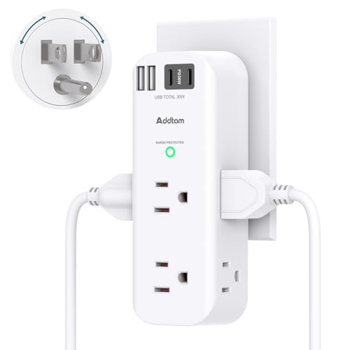 Image of Addtam 30W USB C Outlet Extender Surge Protector, Rotating Plug | 6 AC Outlets Splitter, 4 USB Ports (2 USB-C), 1800J Wall Mount Power Strip, 3-Side Multi Plug for Dorm, Travel Essentials