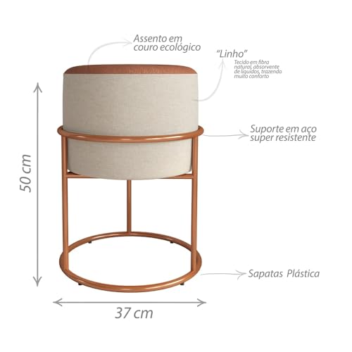 Kit 2 Puff Banqueta Iron Em Couro E Linho Decorativo Argola Pés De Ferro Aço Carbono