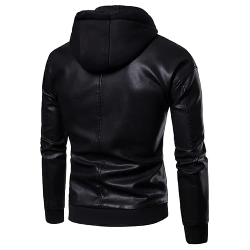 Men's Hooded PU Faux Leather Jacket Casual Long Sleeve Motorcycle Workwear Biker Coat3