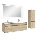 AICA Ensemble Meuble Salle de Bain 120cm Double Vasque avec Colonne + Miroir 3 Couleurs Chêne Wotan