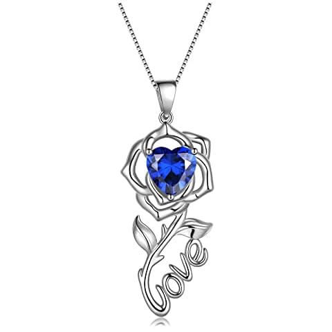 Fasjewly Rose Birthstone Necklace for Women,925 Sterling Silver Rose Flower Heart Birthstone Pendant Necklace Anniversary Birthday Jewelry Gifts for Women Mom Wife Lady Her Cover