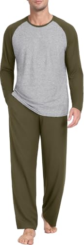 PrinStory Men's Pajama Sets - Sleepwear Pjs,Lightweight,Long Sleeve,Crewneck,Shirts and Bottoms,Soft Comfy Sleep Sets Contrast Color Olive Green US 2XL