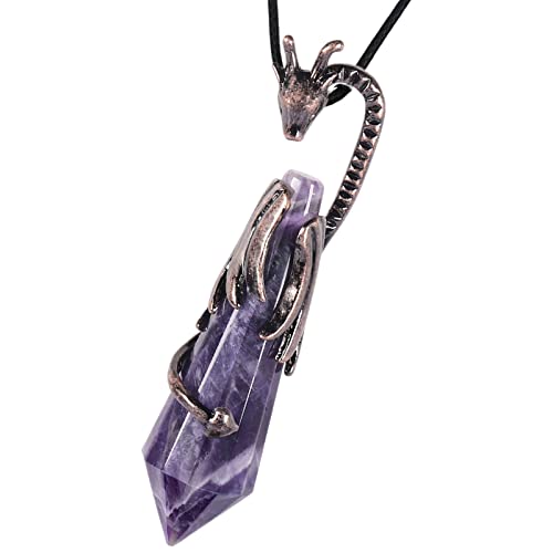 TUMBEELLUWA 12 Faceted Crystal Point Pendant Necklace for Unisex Dragon Figure Charm Wrapped Stone Pendulum Pendant with Chain for Reiki Healing, Red Copper, Amethyst