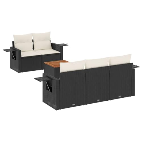 Qnhdfrt Salon de Jardin 6 Pièces Canapé Extérieur en Résine Tressée Noire avec Table Basse en Bois d'Acacia et 5 Coussins Moelleux Blanc Crème pour...