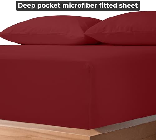 Image of Royale Linens Fitted Sheet King Cal - Ultra Soft 1800 Brushed Microfiber - Hotel Luxury Bottom Sheets - Wrinkle Free & Fade Resistant - Deep Pocket Fitted Sheet Only (King Cal, Tango Red)