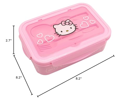 Image of Fast Forward Hello Kitty Bento Lunch Box for Kids | Sanrio Food Container with Utensils | BPA-Free Toddler Lunch Kit with 3 Compartments | Bento Snack Box with Spoon & Fork