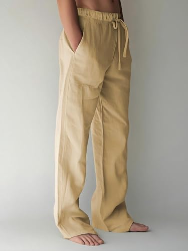 Image of PIDOGYM Mens Cotton Linen Pants Beach Casual Pajama Pants with Pockets | Elastic Waist Drawstring, Lightweight, Wide Leg Loose Design, Vacation Summer Outfits, Baggy Dress Trousers, Yoga for Women