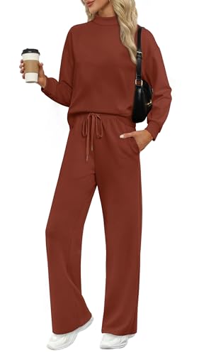 Image of WIHOLL Two Piece Sets for Women Fall Outfits Lounge Sets Mock Neck Tops Wide Leg Pants Vacation Travel Airport Outfits