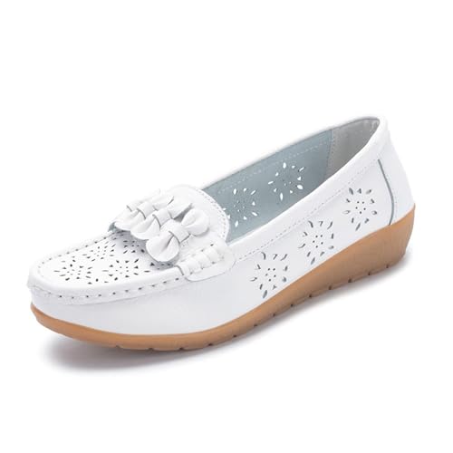 CLSQLXYJZC Summer Casual Breathable Hollow Slip on Non-Slip Leather Moccasins for Women, Comfortable Working Non Tiring Feet Flat Nurse Shoes, for Nurse, Doctors, Hospital, Restaurant Work - Main Image