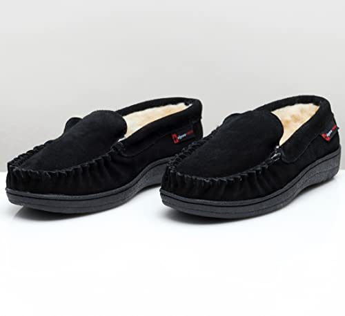 Image of Alpine Swiss Men's Moccasin Slippers Genuine Suede Slip-On House Shoes Memory Foam Insoles Plush Faux Shearling Lining Comfortable Indoor Outdoor Slipper with Anti-Slip Rubber Sole