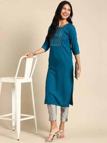 Image of SHOWOFFFF Women Solid Straight Ethnic Kurta | Round Neck 3 /4th Sleeves Cotton Kurta for Womens | Regular Fit Calf Length Kurta for Women's