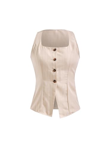 Women's Striped Button Up Blazer Vest Elegant Square Neck Tie Back Business Casual Waistcoat