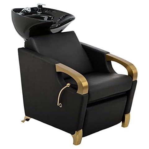 Buy-Rite Luna Gold Shampoo Backwash Unit for Professional Salons, Durable Brushed Gold Arm Rests & Feet, Extra Wide Seat, Lever-Activated Leg Rest, Tilting Shampoo Bowl in Black, YLG-583-1-GOLD-BLK Cover