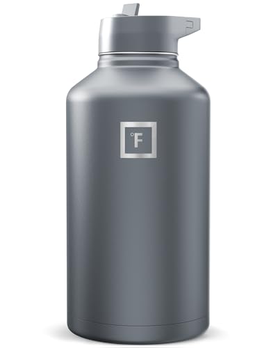 Image of IRON FLASK Camping & Hiking Hydration Flask with Straw, Wide Mouth Insulated Stainless Steel Sports Water Bottle - Graphite 64 oz - Straw (1 Lid)