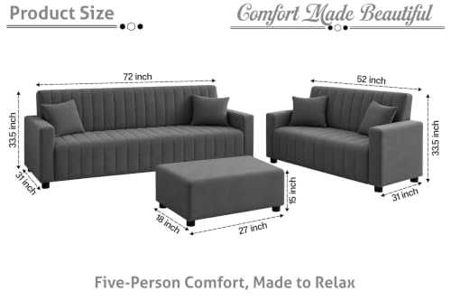 Image of Rosebell 3+2 Fabric Sofa Set with Ottoman | Velvet Upholstery 5 Seater Sofa | with Printed Cushions | Living Room Furniture | Grey Color