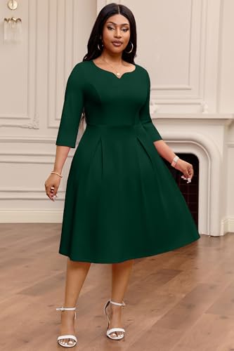 Image of Nmoder Fit-and-Flare Midi Dress V-Notch Neck Casual Dress Side Pockets | V-notch neckline;A-line swing silhouette; Soft breathable fabric; Perfect for church wedding guest work daily wear