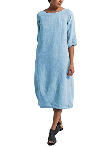 Minetom Damen Sommer Freizeit Kleider Leinenkleider 1/2 Ärmel Rundhals Einfarbig Casual Urlaub Sommerkleider Strandkleid Midi Dress Frauen A Hellblau...