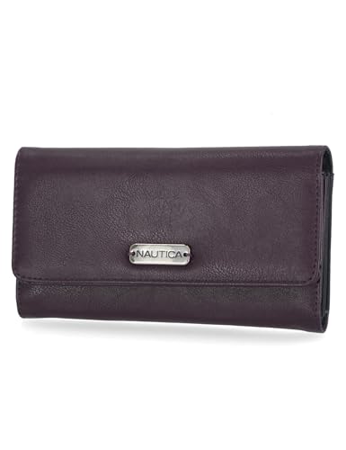 Nautica Money Manager Womens Slim Compact RFID Blocking Credit Card Holder Clutch Wallet Organizer with Zipper Coin Purse and Phone Compartment in Plum