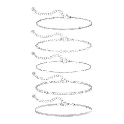 MBW Silver Bracelets for Women, Dainty Silver Bracelets for Women Set 14K Silver Bracelet Stack Waterproof Jewelry for Women Trendy Minimalist Simple Small Thin Bracelet Set for Women Teen Girls Gift