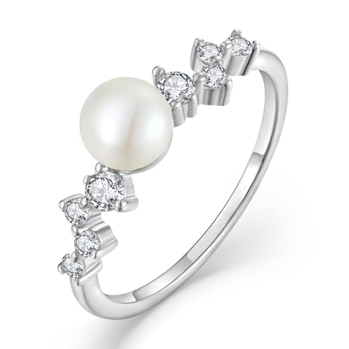STARCHENIE Freshwater Cultured Pearl Ring 925 Sterling Silver 6mm White Pearl Rings for Women Anniversary Jewelry Size 5-10