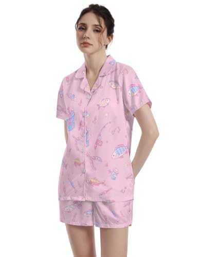 Image of Funny Pajamas for Women Set Print Satin Loungewear Pjs Short Sleeve Button Down Top and Shorts Sets Sleepwear XS-3XL
