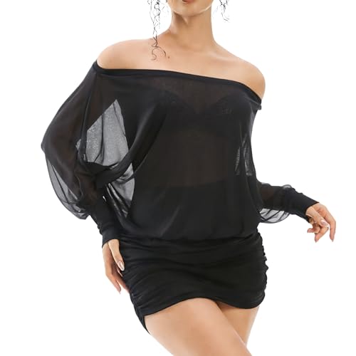 Image of Women's Off The Shoulder Dress Long Sleeve Batwing Mini Ruched Sheer Y2K Oversized Club Sexy Night Out Dresses