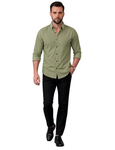 Image of NexaFlair Men's Regular Fit Solid Pattern Laffer Cotton Shirt with Long Sleeve Collared Neck Standard Length and Button Down Closure Type | Mens Casual Shirts | Man's Formal Shirts