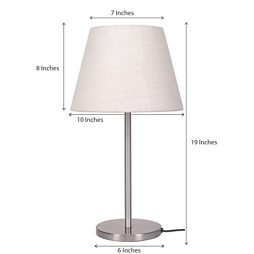 Image of Divine Trends Bedside Table Lamp Modern Sleek Silver 19 Inches Height with Off White Lampshade for Bedroom, Living Room (Pack of 1) - Led Bulb Included (Satin Nickel with Tapered Shade)
